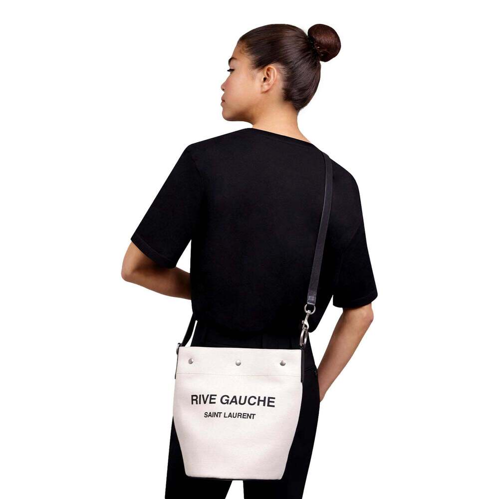 Saint Laurent Rive Gauche Black Leather Trim Linen Bucket - Picture 4 of 4